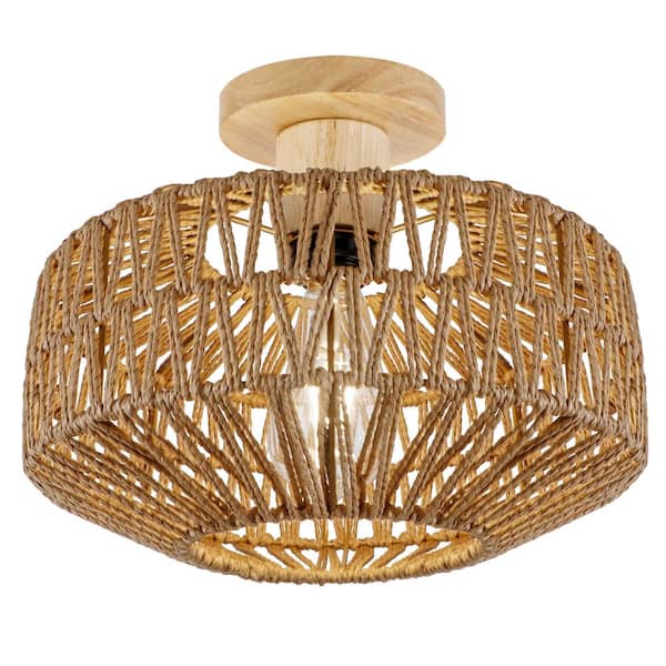 Unbranded 12 in. 1-Light Bohemian Rattan Semi Flush Mount Ceiling Light for Dining Room Foyer Entrance Kitchen Bedroom