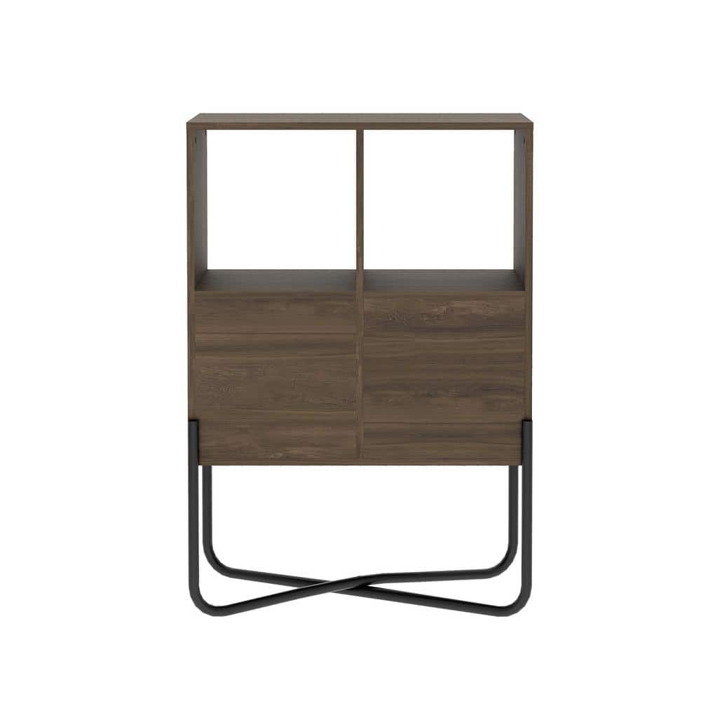 Modern Symmetrical 2-Tier Walnut Bookcase with Steel Cross-Legs