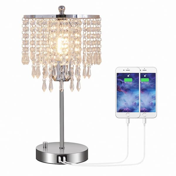 Yansun 17 In Chrome 3 Way Dimmable, Crystal Table Lamp With Usb Port