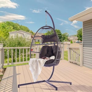 Patio Swing Egg Chair Folding Hanging Chair with Pillow and Stand, Gray
