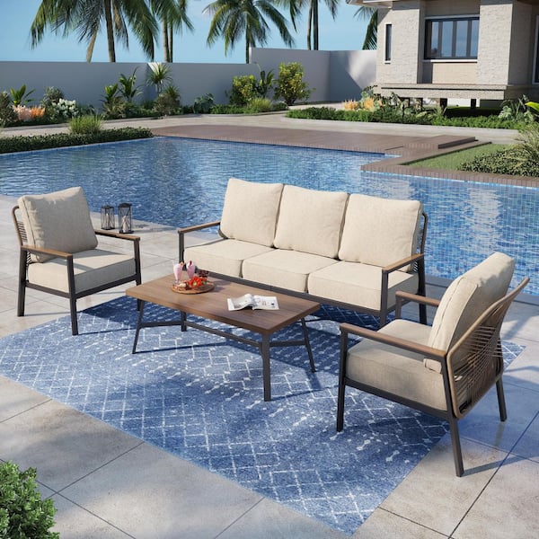 Black 4-Piece Metal Outdoor Patio Conversation Seating Set with Beige Cushions
