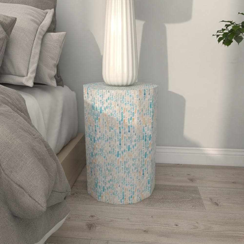 Elegant Blue Mother of Pearl 13" Round Wood Accent Table