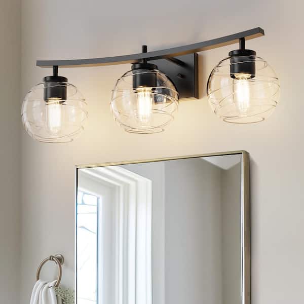 YANSUN 25 in. 3-Light Black Vanity Light with Globe Clear Glass Shades for Bathroom, Living Room, Entryway