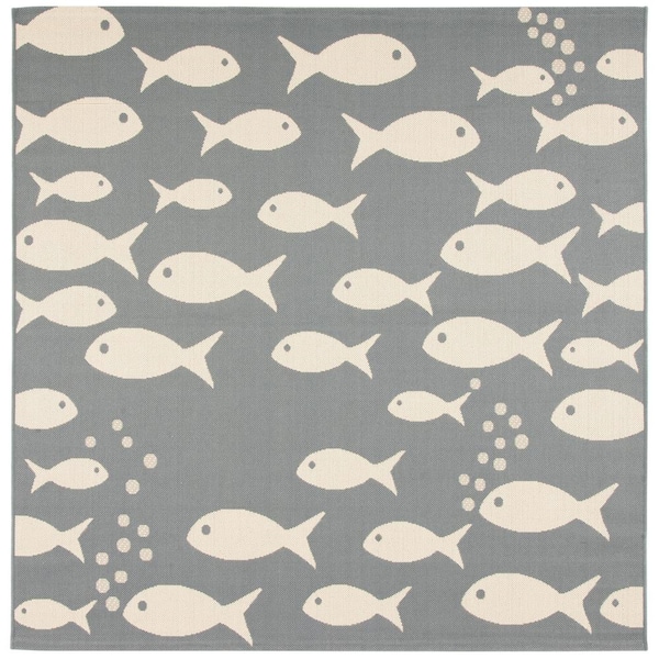Courtyard Dark Gray/Beige 4 ft. x 4 ft. Novelty Fish Indoor/Outdoor Patio  Square Area Rug