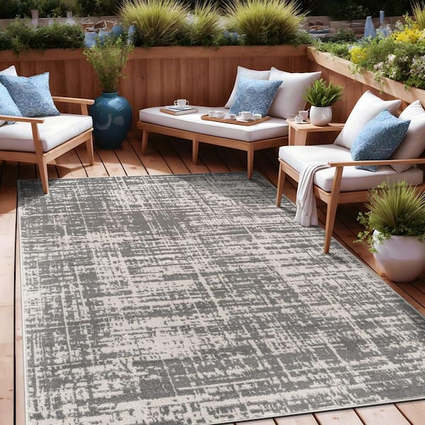 Atlas Gray 6 ft. x 9 ft. Rubber Back Washable Modern Canvas Indoor Outdoor Area Rug