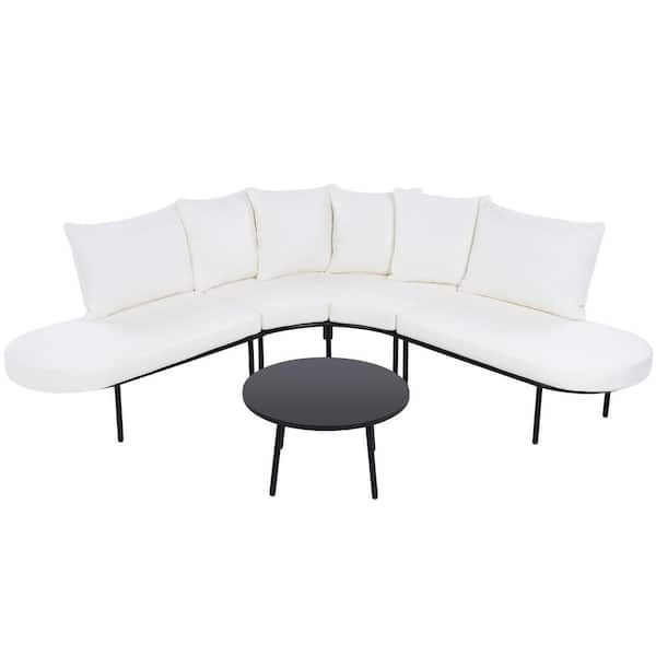 Unbranded Metal Half-Moon Curved Outdoor Sectional Sofa Set with Beige Cushions, Coffee Table