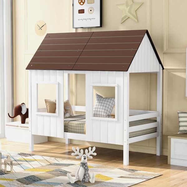 JASMODER Twin Size Low Loft Wood House Bed with Two Front Windows, White