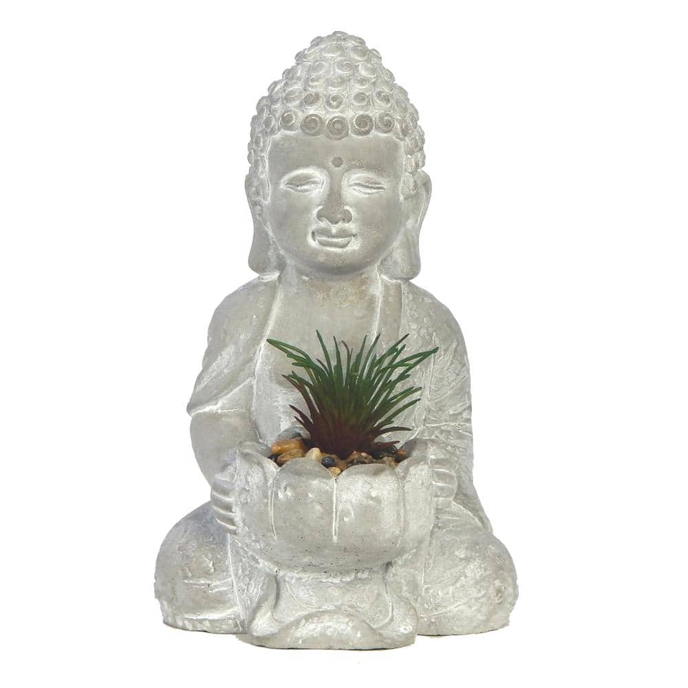 8 in. Thai Buddha Grey Cement Statue With Plant