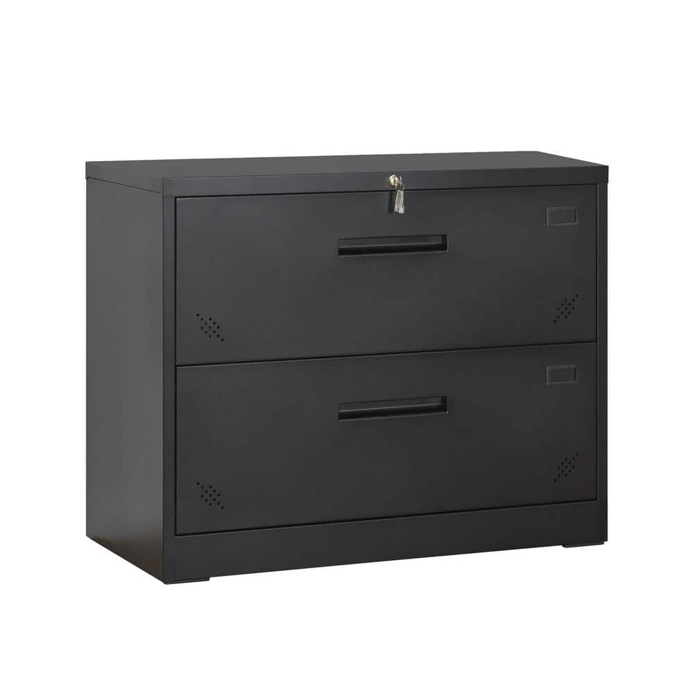 URTR Home Office 2-Drawer Black Metal 29 in. H x 35 in. W x 17.7 in. D Lateral File Cabinet Document Floor Storage Cabinet -  HY03141Y