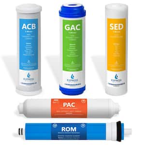 6 Months Reverse Osmosis System Replacement Filter Set - 5 Filters with 100 GPD RO Membrane - 10 in Size