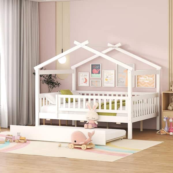 Harper & Bright Designs White Full Size Wood House-Shaped Bed with Full-Length Guardrail and Trundle