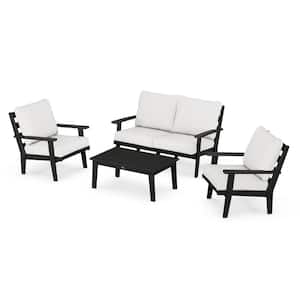 Grant Park Black 4-Piece Patio Deep Seating Outdoor Plastic Chairs Set with Natural Linen Cushions