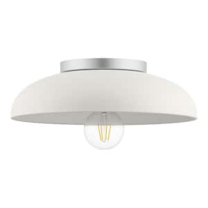 Greenwood 14.38 in. 1-Light Silver Flush Mount with Off-White Metal Shade