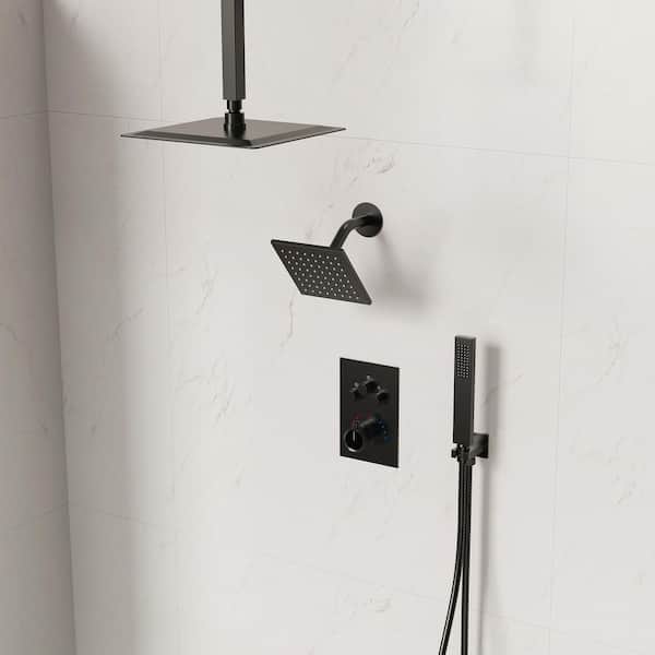 5-knobs 15-Spray Patterns 16in. Shower System with 6in. Shower Head Handheld shower in Matte Black, 3-Jets