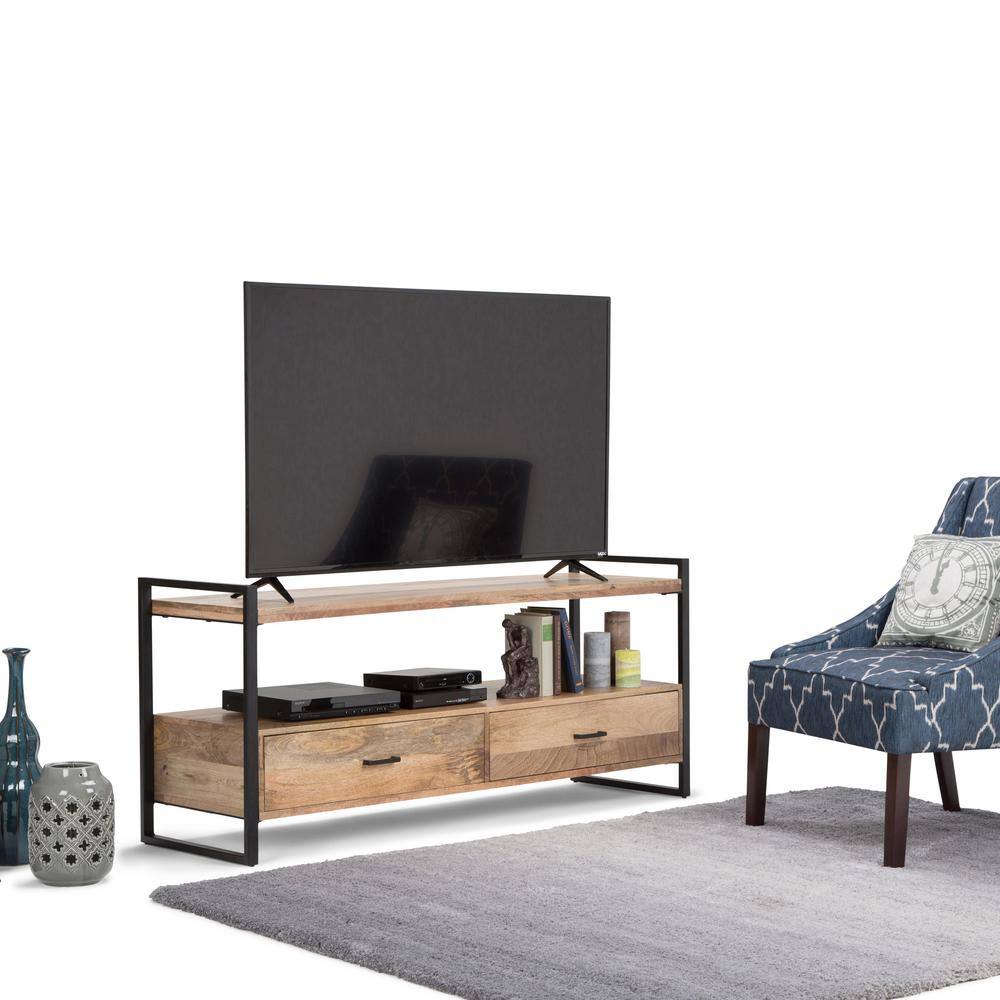 Riverside 60'' Natural Brown and Black Metal Wood TV Cabinet