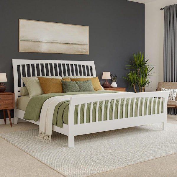 Orleans White Solid Wood Frame King Low Profile Sleigh Platform Bed with Matching Footboard