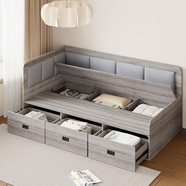 Harper & Bright Designs Gray Twin Size L Shaped Daybed with Comfortable Upholstered Backrest, 3-Drawers, 3-Storage Compartments