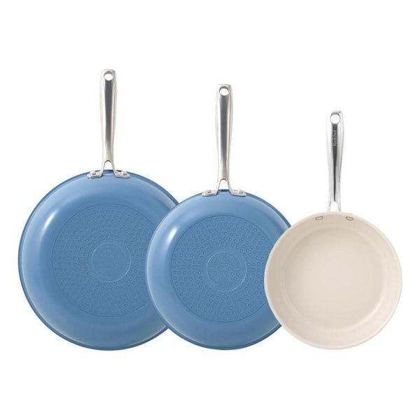 3-Piece 8 in. 9.5 in. 11 in. Ceramic Nonstick Frying Pan Set with Stainless Steel Handle Blue Dishwasher Safe