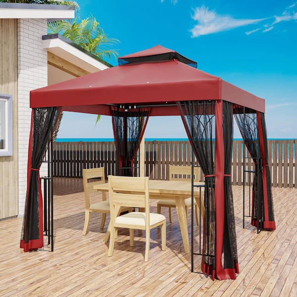 8 ft. x 8 ft. Red Steel Soft Top Gazebo Canopy with Netting