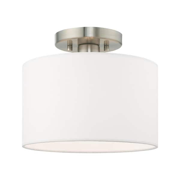 AVIANCE LIGHTING Mercury 10 in. 1-Light Brushed Nickel Semi Flush Mount with Off-White Fabric Shade