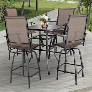 Brown 5-Piece Metal Patio Outdoor Bar Set with High Swivel Bistro Chairs and Square Table