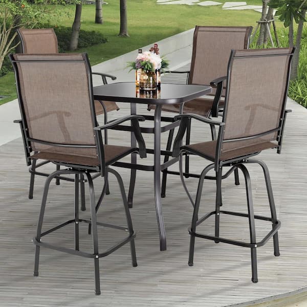 Brown 5-Piece Metal Patio Outdoor Bar Set with High Swivel Bistro Chairs and Square Table