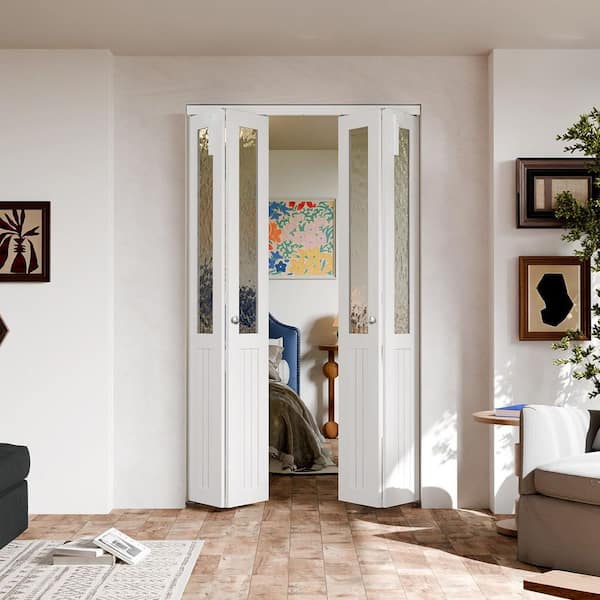 TENONER 48 in. x 80 in. Half Hammered Glass Solid Core White PVC Covering MDF Bi-fold Door with Locks, Handles and Hardware Kits