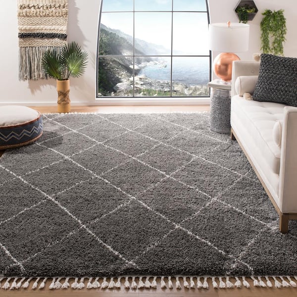Moroccan Fringe Shag Gray/Ivory 9 ft. x 12 ft. Tribal Diamond Geometric Area Rug