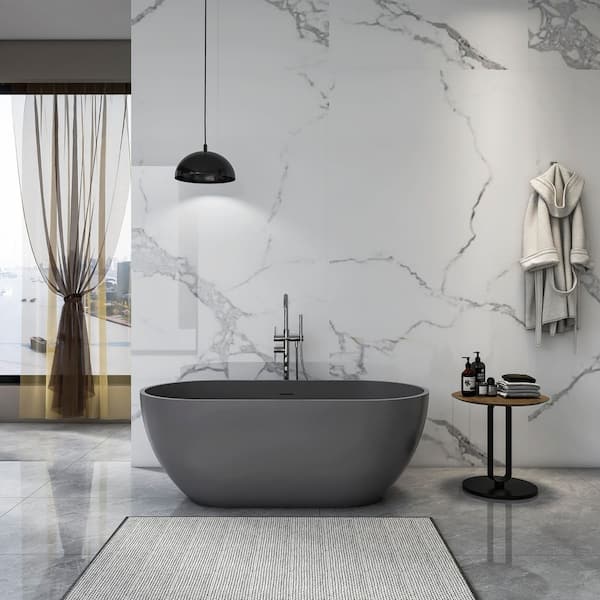 Xspracer Moray 59 in. x 30 in. Solid Surface Stone Resin Flatbottom Freestanding Double Slipper Soaking Bathtub in Matte Gray