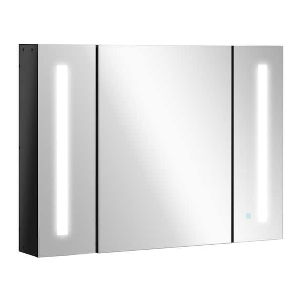 36 in. W x 26 in. H Rectangular Wood Lighted Medicine Cabinet with Mirror, Adjustable Shelf and 3 Door, Memory Function