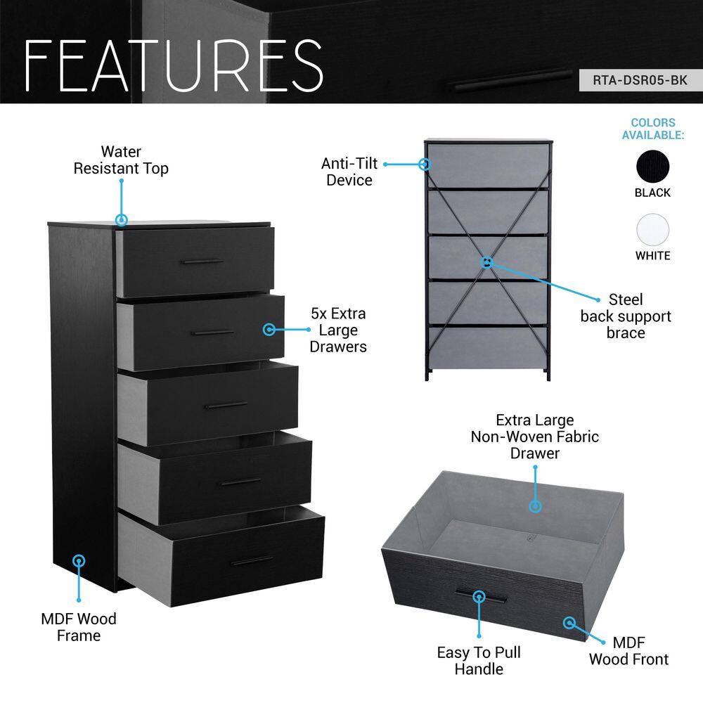 Black 5 Drawer 22.5 in. Wide Dresser - thumbnail 3