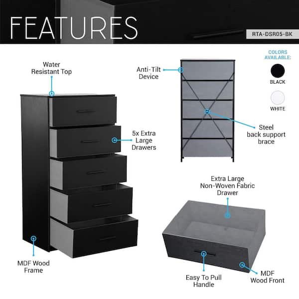 Techni Home Black 5 Drawer 22.5 in. Wide Dresser RTA-DSR05-BK