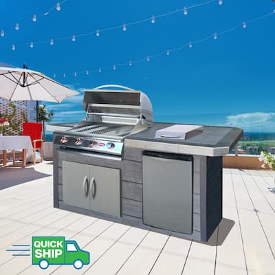 4-Burner Gas Grill, 7 ft. Synthetic Wood and Tile BBQ Grill Island