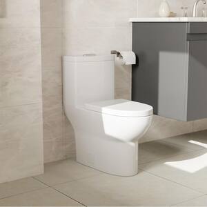 Dual Flush 0.88/1.2 GPF Elongated Standard 1 Piece Toilet in Glossy White with Soft Closing Seat Side Holes