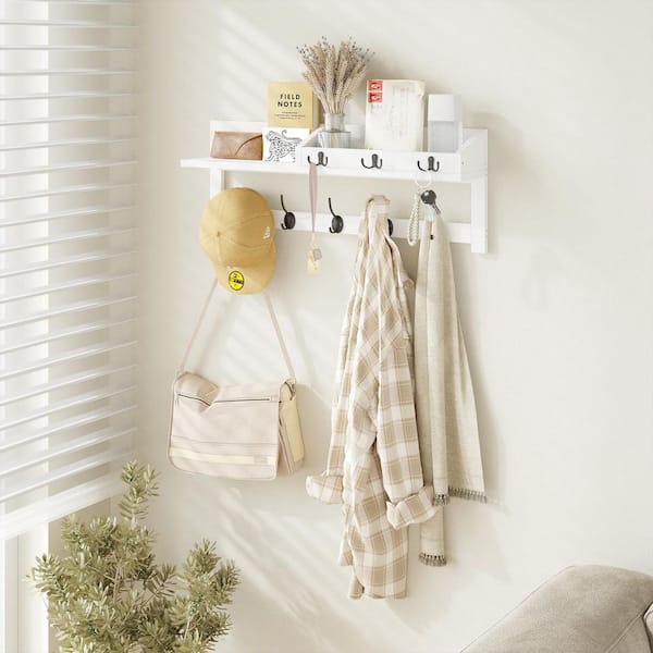 26.57 in. White Entryway Wall Mounted Wood Coat Rack with 5 Dual Hooks, 3 Key Hooks and Shelf, Wall Hooks with Shelf