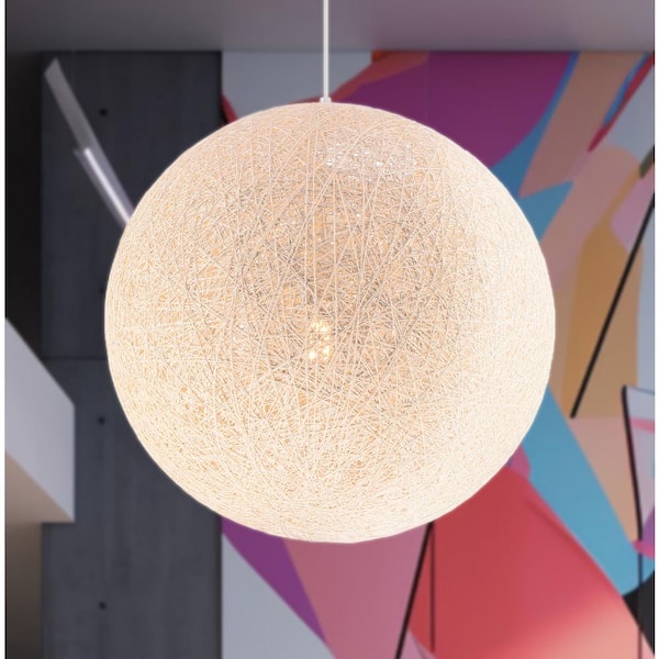 Entwined 60-Watt 1-Light White 24 in. Globe Pendant Light with White Rattan Shade and No Bulbs Included