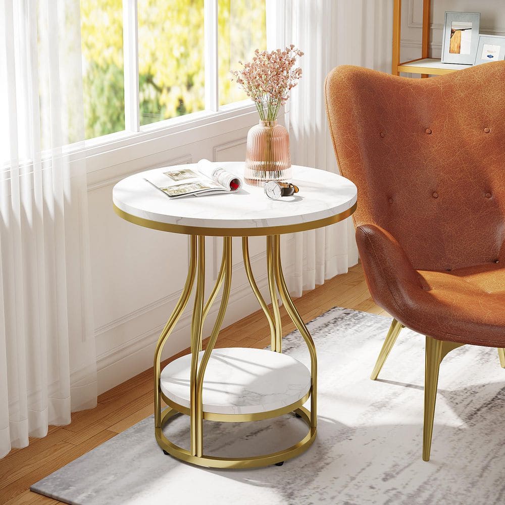 Kerlin 19.7 in. White Round Faux Marble Side Table 2-Tier End Table with Gold Metal Frame for Living Room, Bedroom