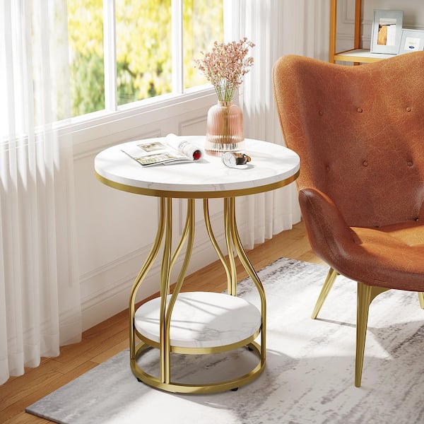 Kerlin 19.7 in. White Round Faux Marble Side Table 2-Tier End Table with Gold Metal Frame for Living Room, Bedroom
