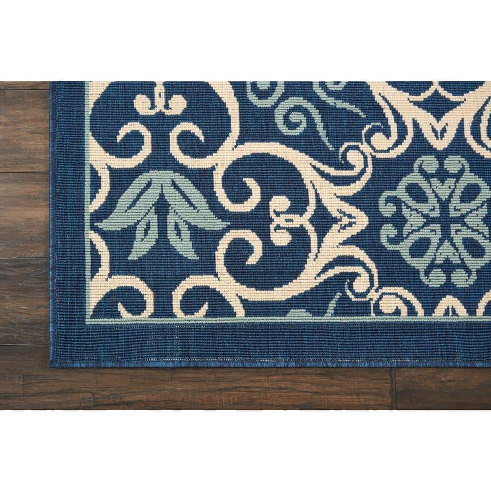 Navy Floral Synthetic Easy Care Outdoor Area Rug