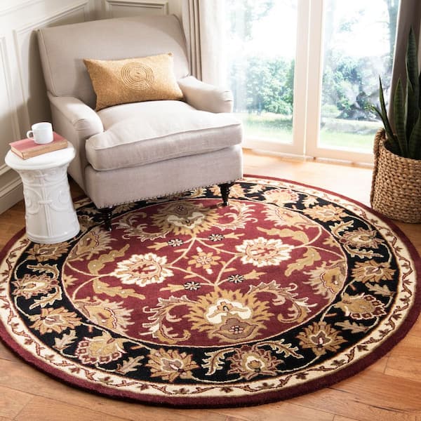 Classic 4 ft. x 4 ft. Round Burgundy/Black Floral Border Area Rug