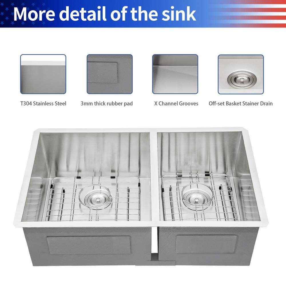 33'' Brushed Nickel Stainless Steel Double Bowl Undermount Kitchen Sink
