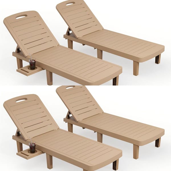 ELPOSUN Natural Adjustable Waterproof Oversized Resin Outdoor Patio Chaise Lounge Chair with Cup Holder, Pool, Deck(Set of 4)