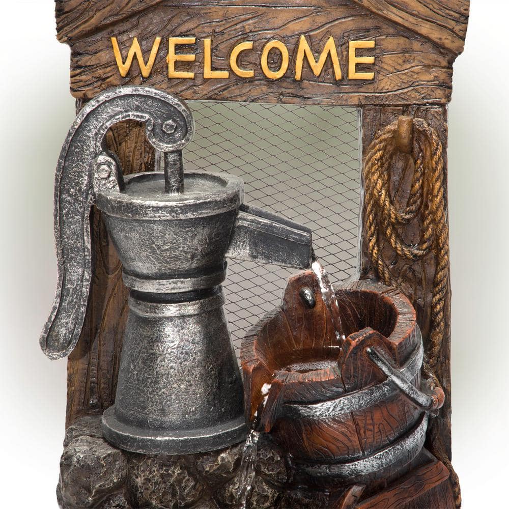 24" Rustic Brown Polyresin Barrel Fountain with Welcome Sign
