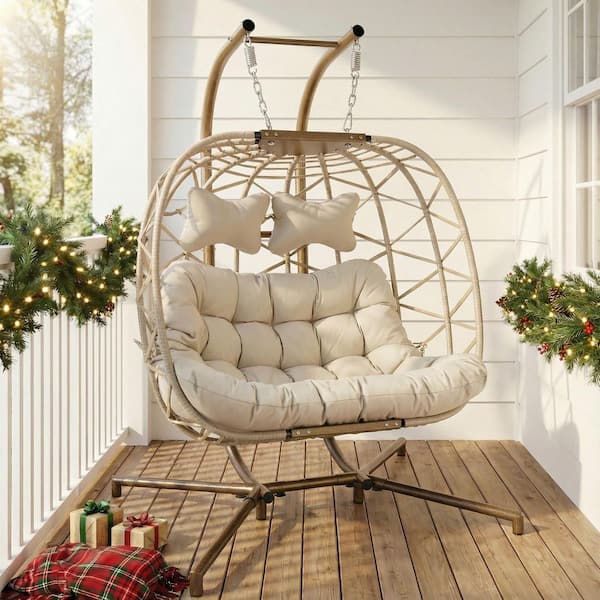 FINCATI Large 2-Person 700 lbs. Beige Wicker Double Patio Swing Egg Chair with Gold Stand and Beige Cushions