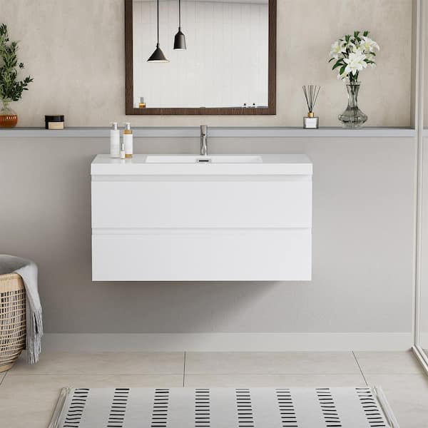 HBEZON Achilles 42 in. W x 20 in. D x 22.5 in. H Single Sink Floating Bath Vanity in Glossy White with White Resin Top