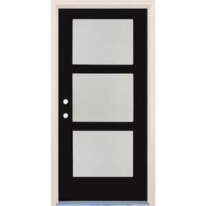 36 in. x 80 in. Right-Hand/Inswing 3 Lite Satin Etch Glass Onyx Painted Fiberglass Prehung Front Door with 4-9/16" Frame