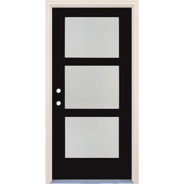 Builders Choice 36 in. x 80 in. Right-Hand/Inswing 3 Lite Satin Etch Glass Onyx Painted Fiberglass Prehung Front Door with 6-9/16" Frame