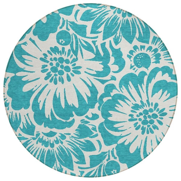 Chantille ACN551 Teal 8 ft. x 8 ft. Round Machine Washable Indoor/Outdoor Geometric Area Rug