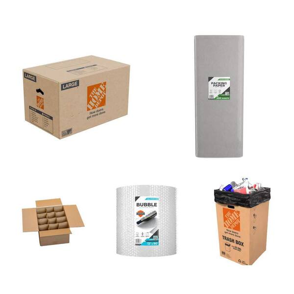 26 in. Moving Box (10-Pack), 24 in. Packing Paper (2-Pack), 15 in. Glass Box (2 Pack), 12 in. Bubble Cushion (2-Pack)