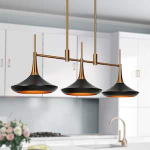 Modern 3-Light Large Black Linear Kitchen Island Chandelier Mid-Century Plating Brass Dining Pendant with Metal Shades
